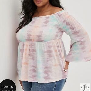 🆕️ 2X TIE-DYE SMOCKED COLD SHOULDER BABYDOLL TOP